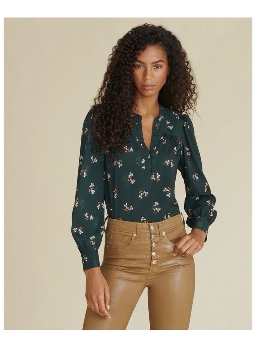Veronica Beard Abbie Floral Print Silk-Blend Top Emerald Green V- Neck Blouse